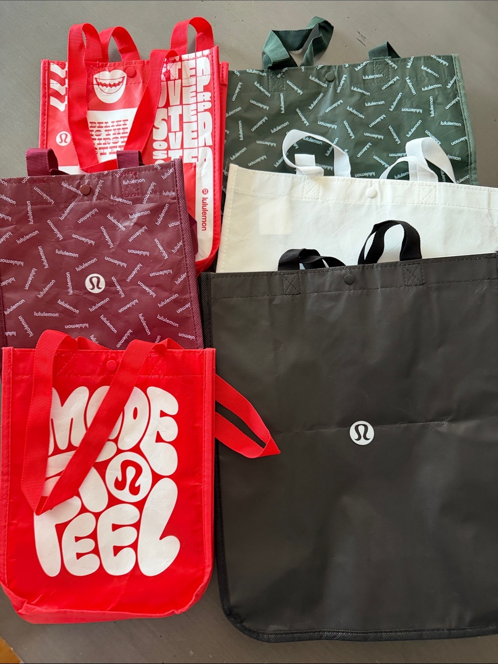Lot of 6 Lululemon athletica Reusable Tote bags: 3 - 9x11, 3 - 14x16